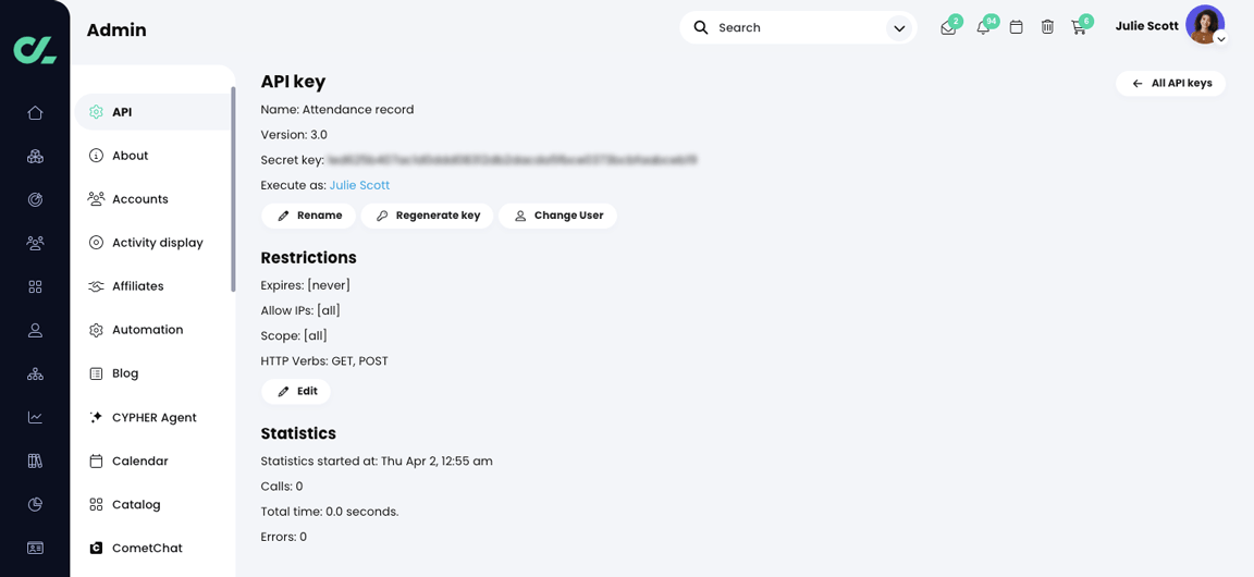 Admin, specific API key page with HTTP Verb restrictions added