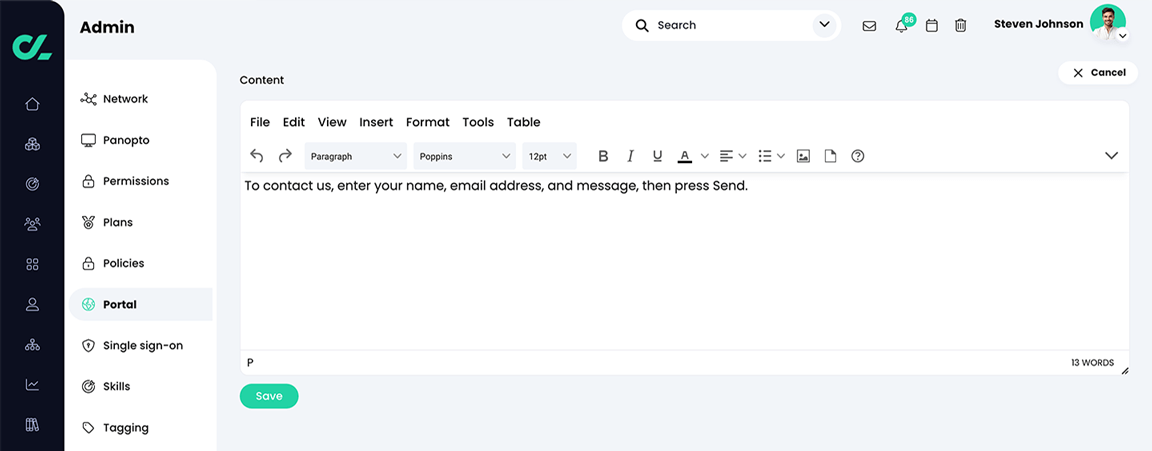 Admin, Portal, Content edit page for the Contact portal page
