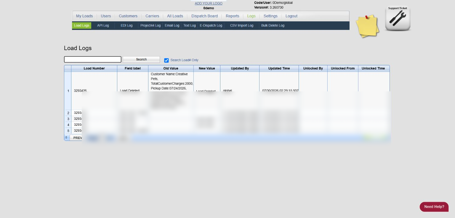 0Demo Logs screen with sample log rows redacted