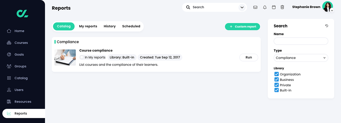 Reports, Catalog, Compliance type search results