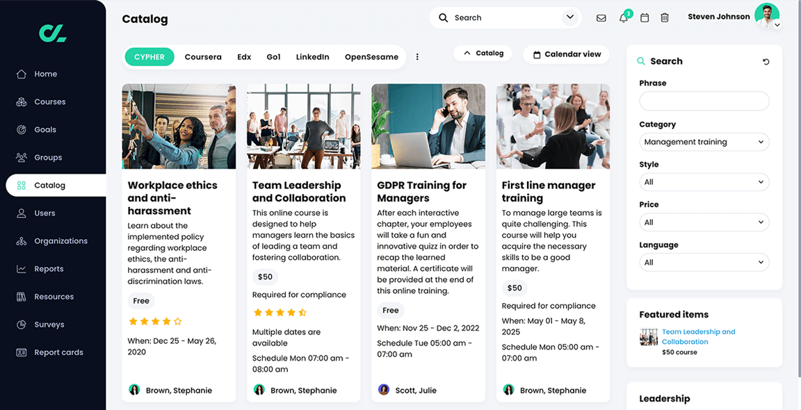 Catalog, CYPHER tab with a variety of courses within a category