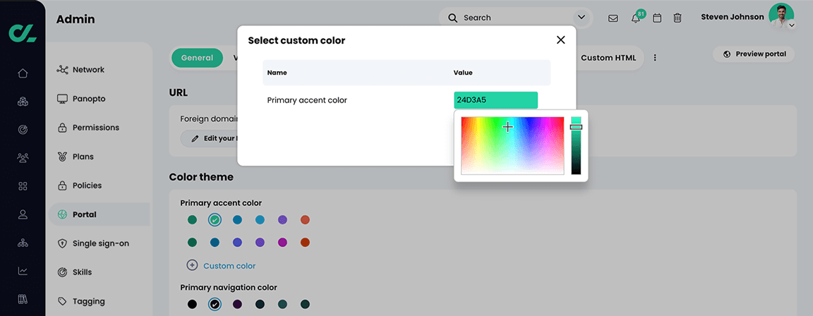Admin, Portal, General tab, Select custom color pop-up