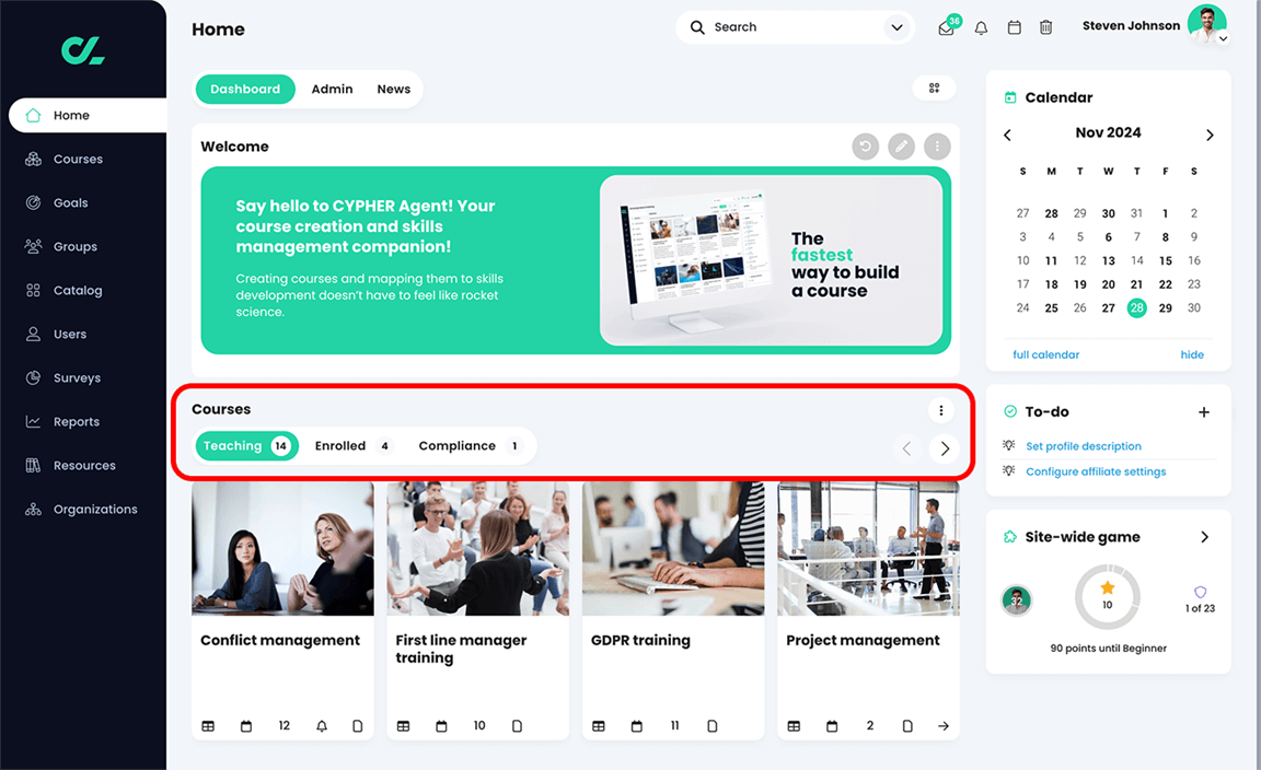 Home dashboard with the Courses widget and its tabs highlighted