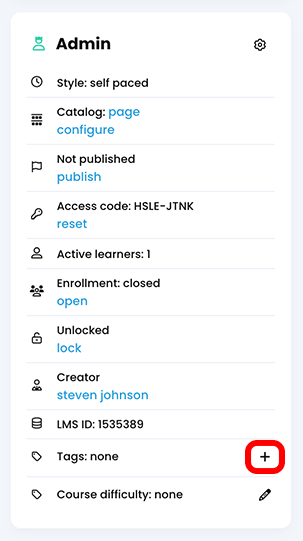 Admin panel, Tags section with the plus icon highlighted