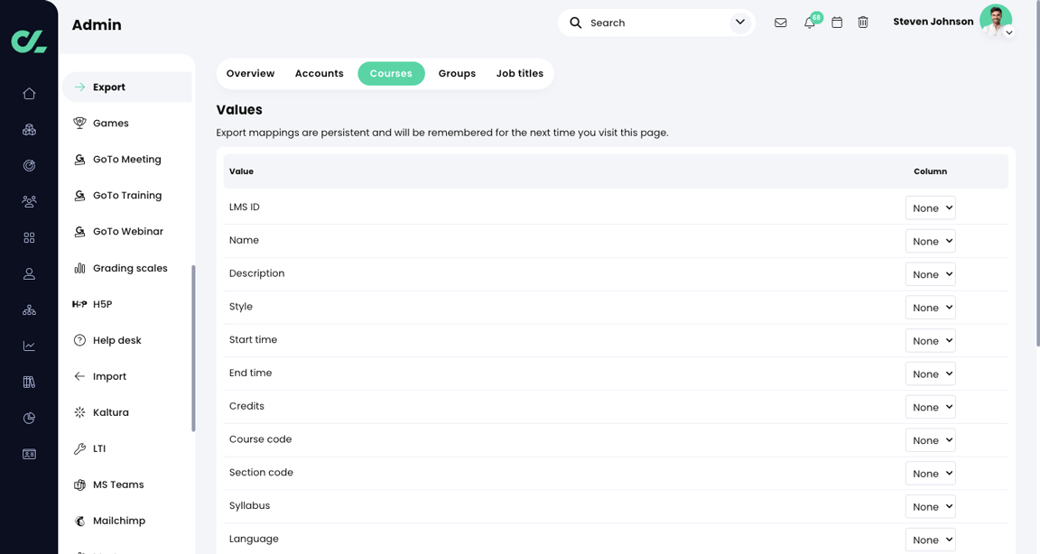 Admin, Export, Courses tab