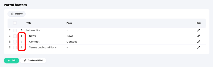 Admin, Portal, Visitor view tab, Portal footers section three footer items listed as sub-footers with the left arrow icons highlighted