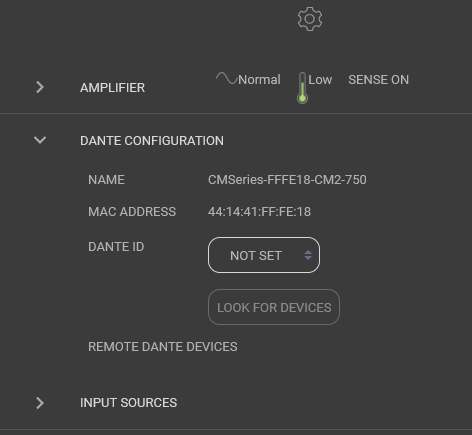 Dante Configuration panel in the AudioControl amp's web interface, not configured.