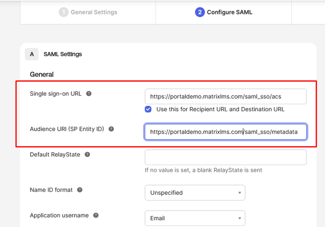 Okta, Create App Integration, Configure SAML tab with the Single sign-on URL and Audience URI fields highlighted