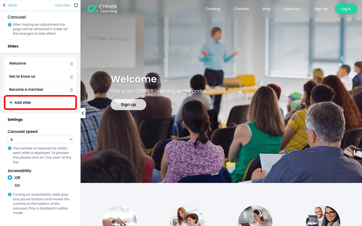 Portal visual editor, Carousel, Add slide button highlighted in the Slides section