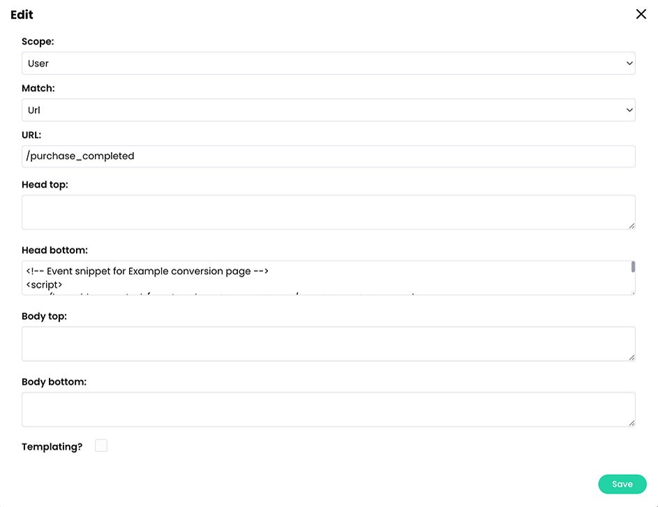 Admin, Portal, Custom HTML, Edit HTML rule pop-up with code for Google tracking for a conversion page in the Head bottom field 