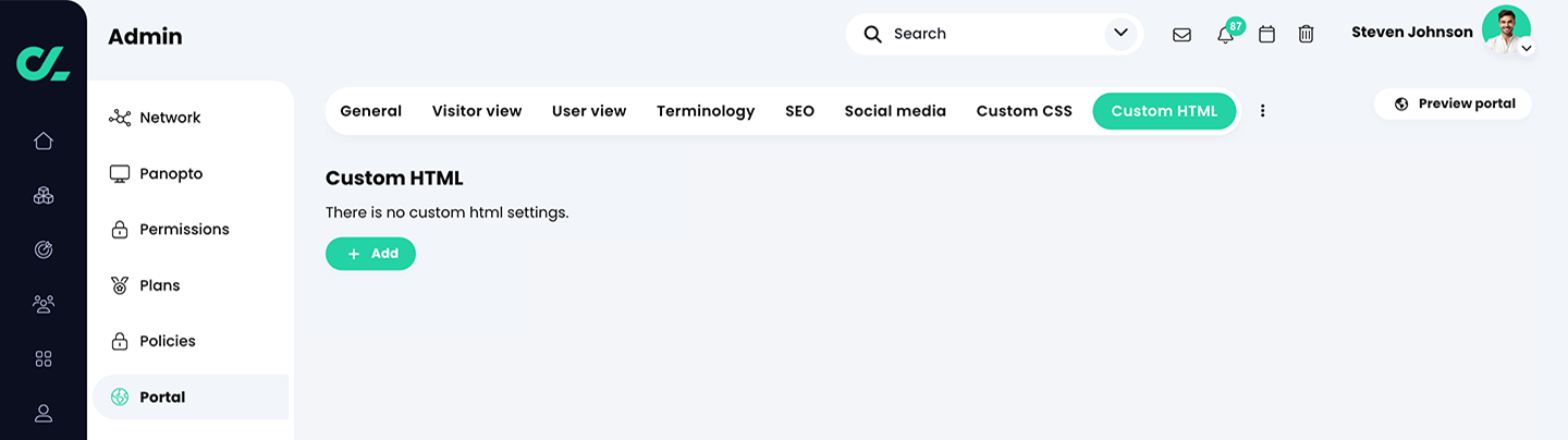Admin, Portal, Custom HTML tab