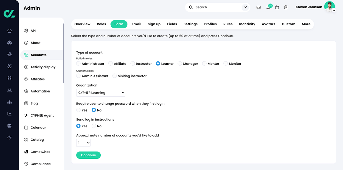 Admin, Accounts, Form tab