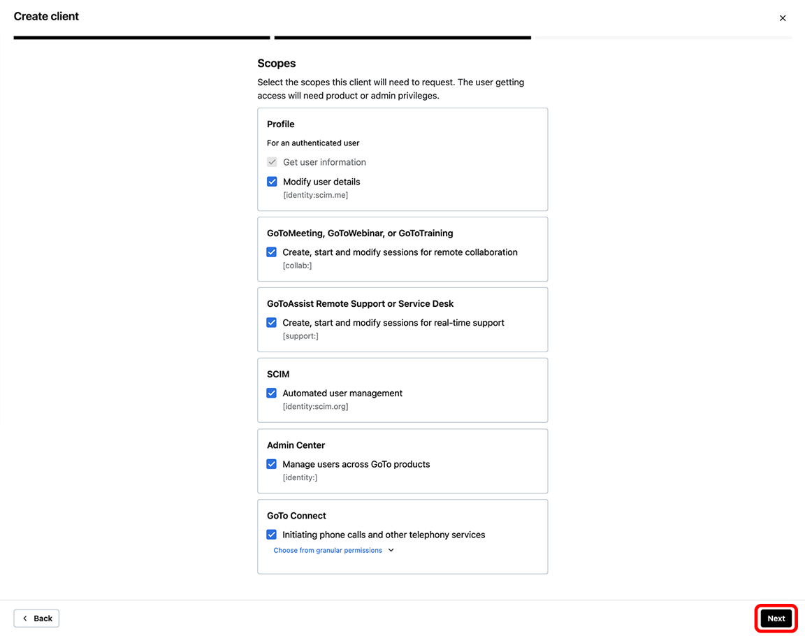 GoTo developer site, Create client pop-up, Scopes step with all Scopes selected and the Next button highlighted