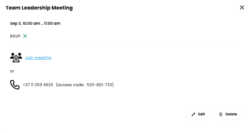 Event pop-up with an example GoTo Meeting link