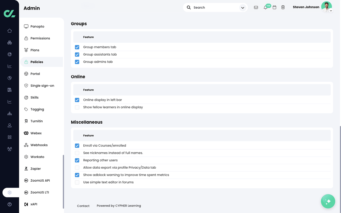 Admin, Policies, Learners tab, Groups,Online, and Miscellaneous sections