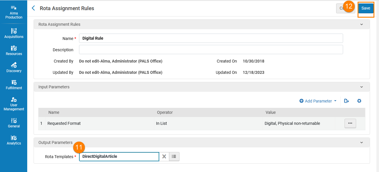 Check that the selected rota displays in rota template and save