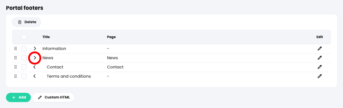 Organizations, Admin, Portal tab, Portal footers section with the right arrow button highlighted for the News footer item
