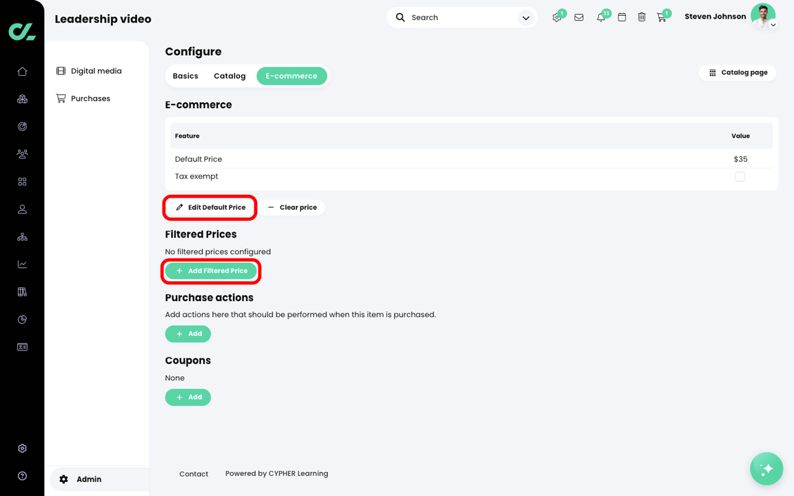 Admin, E-commerce, Digital media, Configure page, E-commerce tab with the Edit Default Price and Add Filter Price buttons highlighted