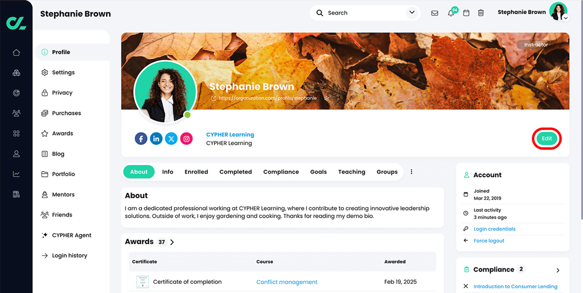 Instructor profile page with the Edit button highlighted