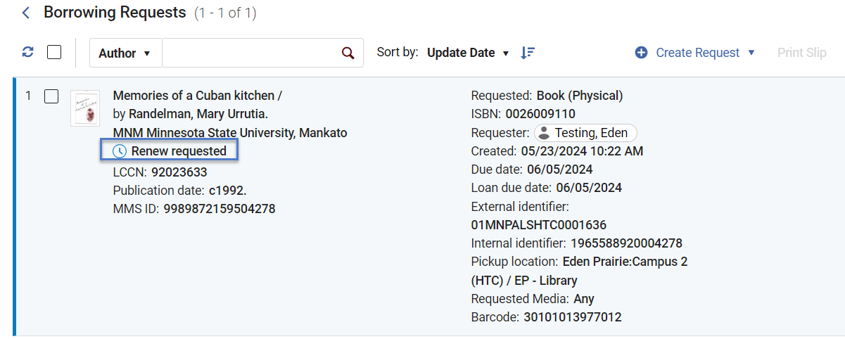 Borrowing request status is Renew requested.