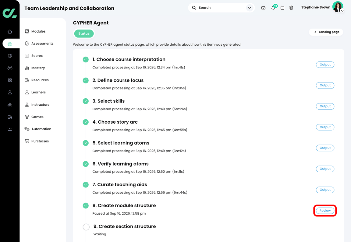 CYPHER Agent status page with the Review button highlighted in the Create module structure section