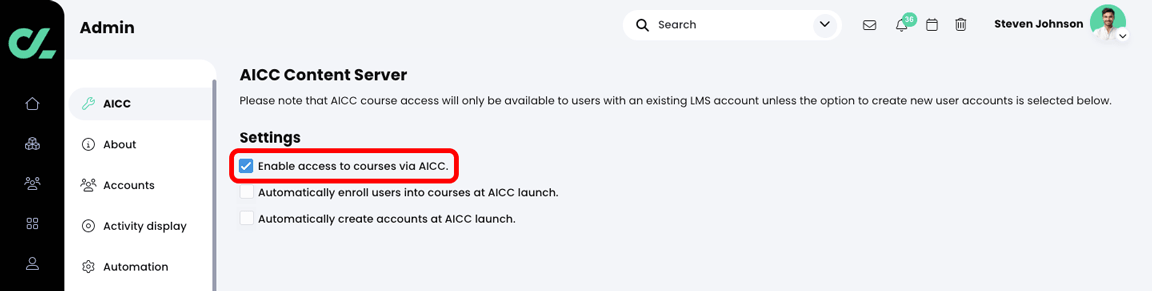 Admin, AICC Content Server page with the Enable access to courses via AICC checkbox selected and highlighted