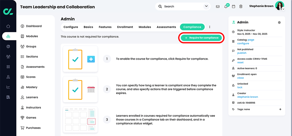 Course, Admin, Compliance tab with the Require for compliance button highlighted