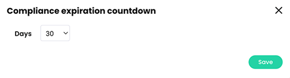 Compliance expiration countdown pop-up with 30 Days selected