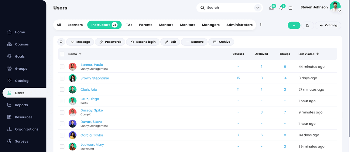 Utilizatori, pagina Instructori care afișează lista instructorilor