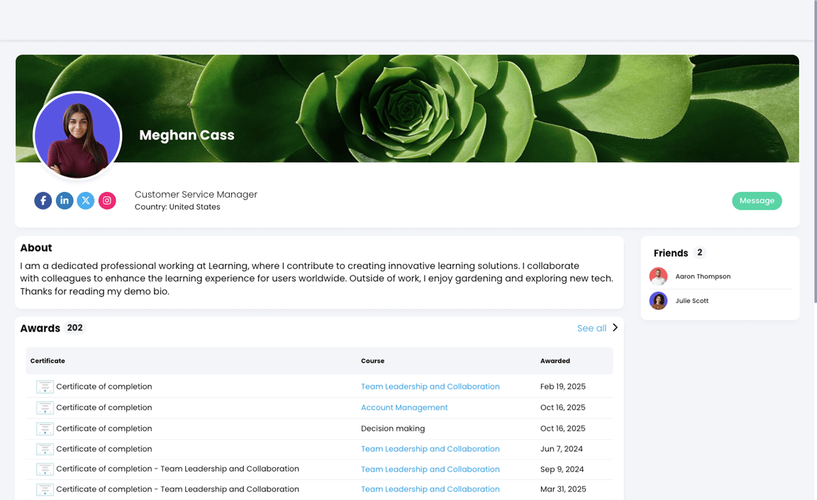 Public profile page for a learner