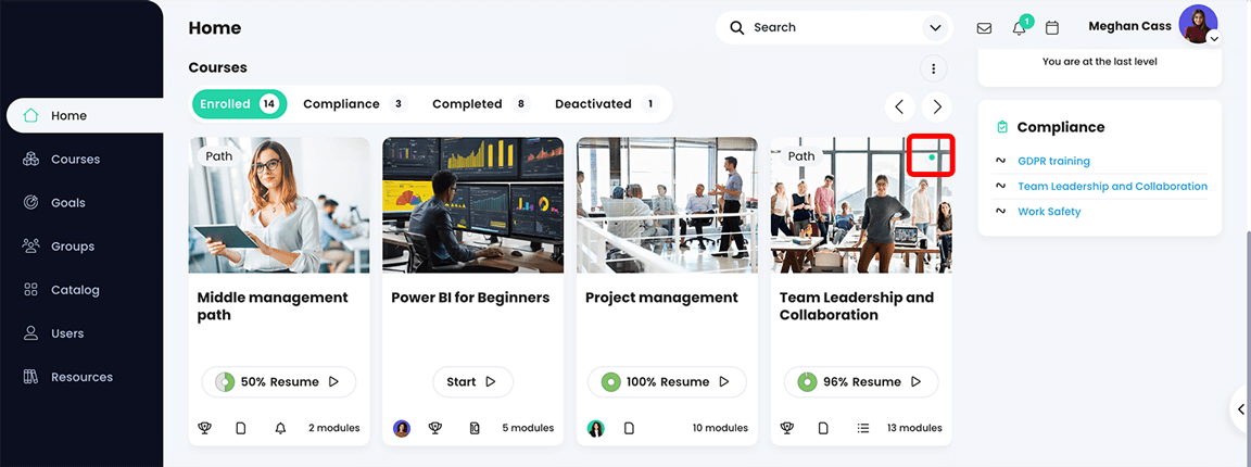 Learner view, Dashboard page with pulsing activity dot highlighted on a course tile 