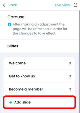 Portal visual editor, Carousel menu with Add slide highlighted