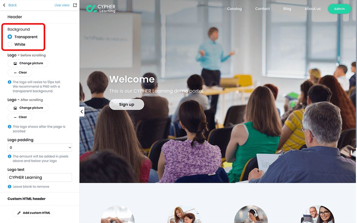 Portal visual editor, Header menu with the Background section highlighted and Transparent selected 