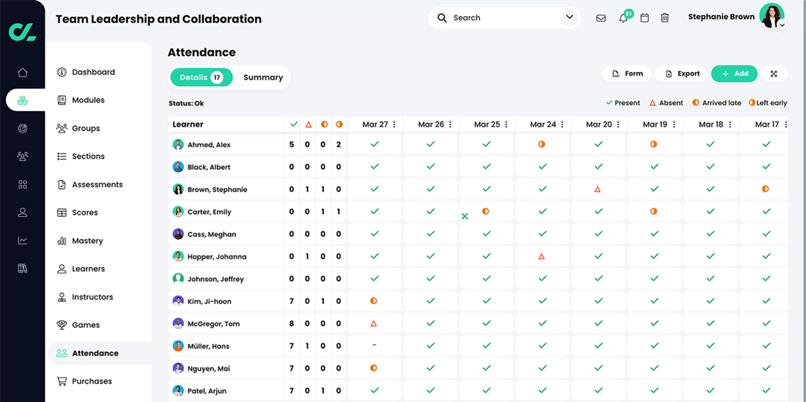 Course, Attendance, Details tab with a list of learner attendance records