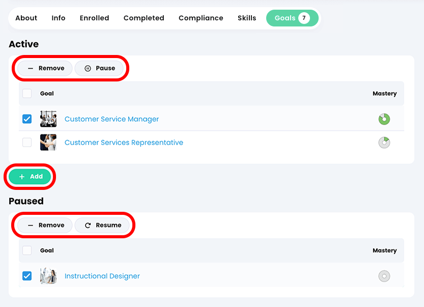 Administrator view of a learner Goals tab with the Remove, Pause, and Add buttons highlighted