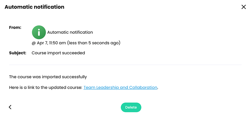 Automatic notification of a successful course import from an existing course