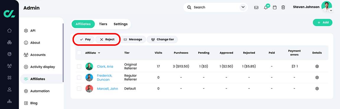 Admin, Affiliates with three pending affiliate referrals listed with the Pay and Reject buttons highlighted