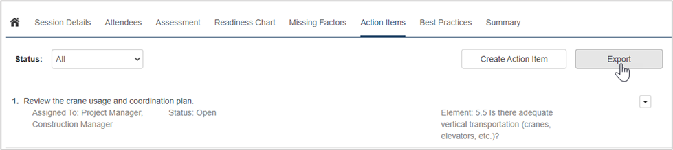 Exporting Action Items from the Action Items Tab