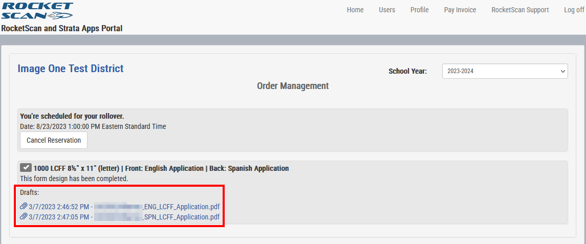 RocketSCAN customer portal order management screen with a red box highlighting where to download PDF files of drafts for an approved form design.