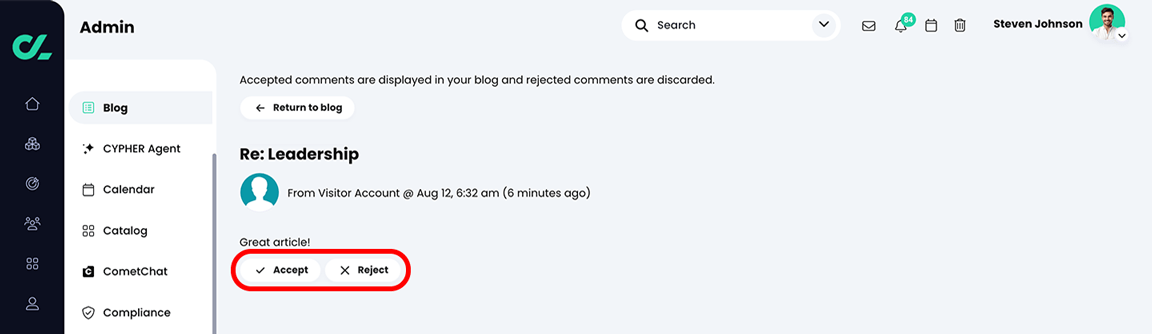 Admin, Blog, visitor comment example with the Accept and Reject buttons highlighted
