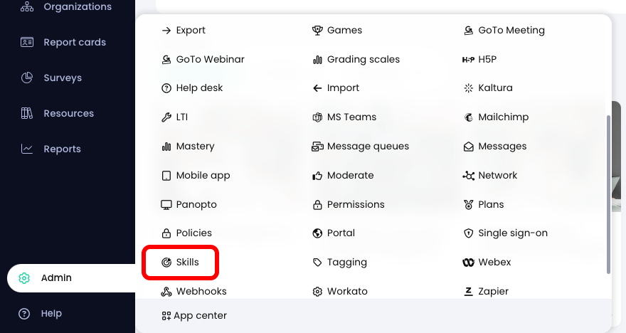 Admin menu active with the Skills button highlighted