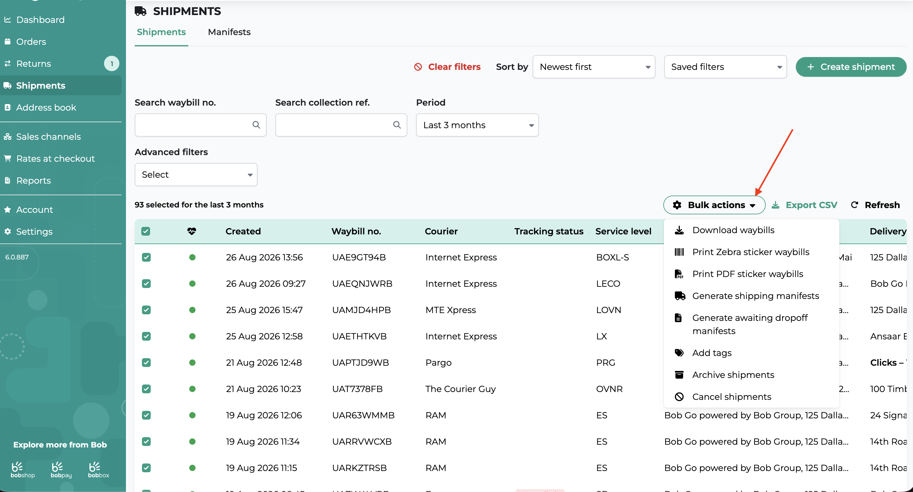 Bulk tools available for Shipments in Bob Go