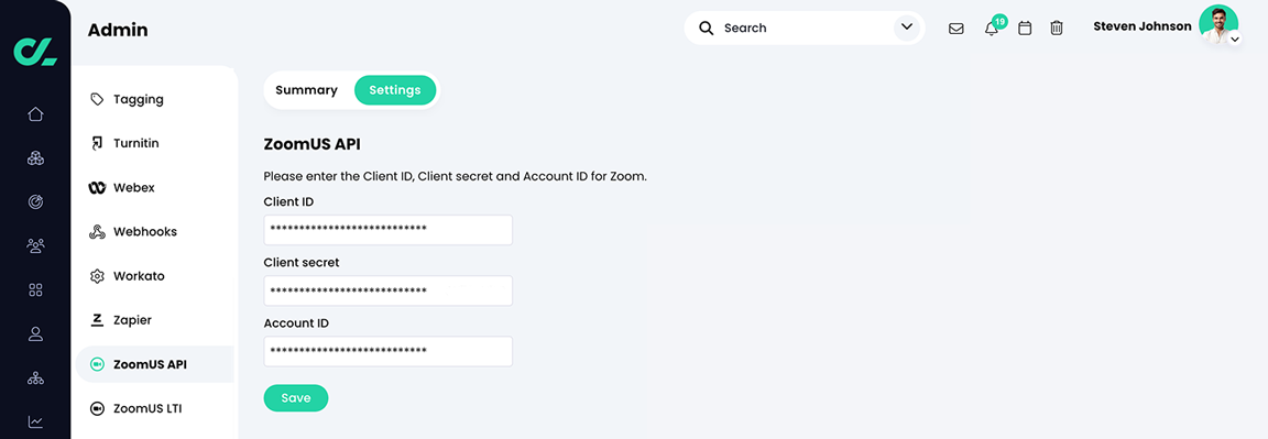 Admin, ZoomUS API, Settings tab with values added to each field