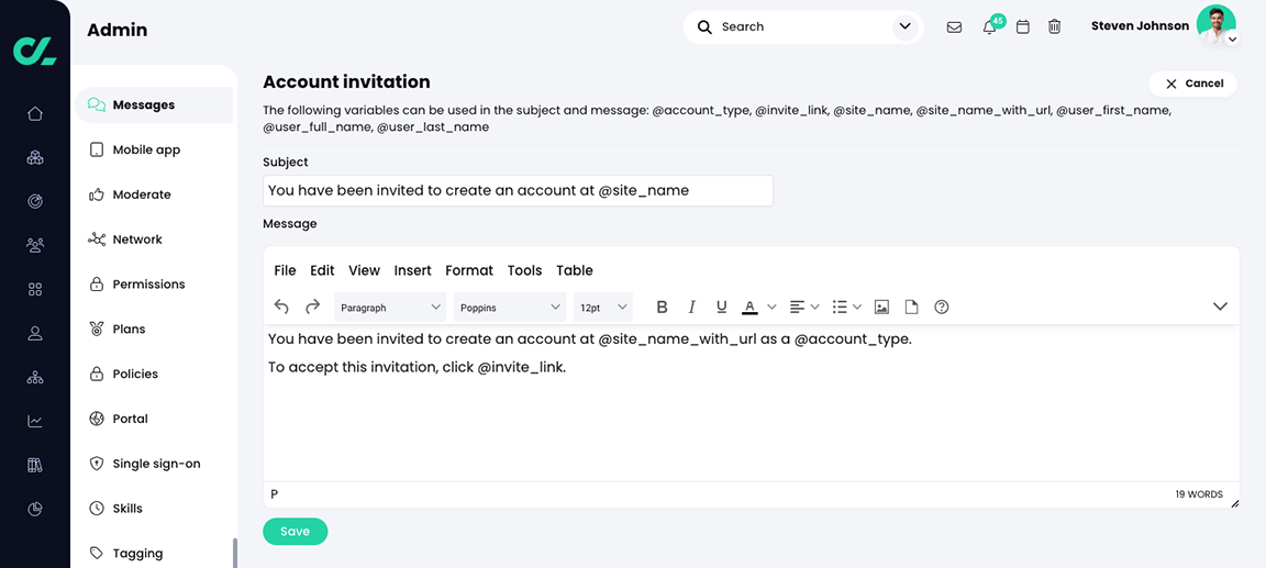 Admin, Messages, Account invitation message in Edit mode