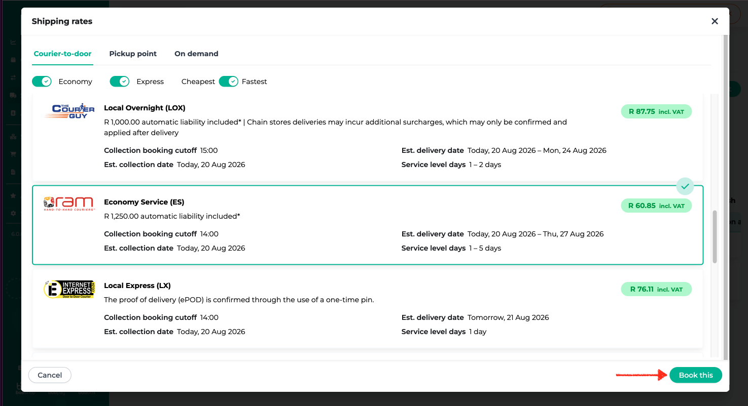 Select a courier rate in Bob Go