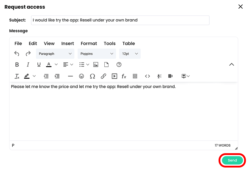 Request access pop-up with default text and the Send button highlighted