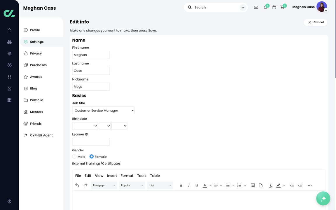 User profile, Edit info page