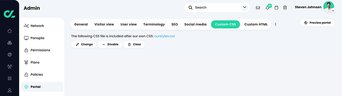 Admin, Portal, Custom CSS tab with a custom css file uploaded