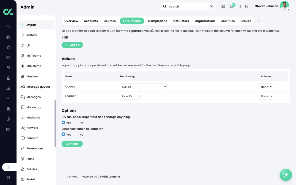 Admin, Import, Enrollments tab 