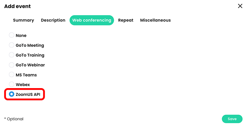 Calendar, Add event pop-up with ZoomUS API highlighted